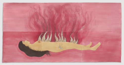 HIBA SCHAHBAZ / FIRE WOMAN / 2017tea, watercolor and gold leaf on twinrocker (handmade paper)59 × 11