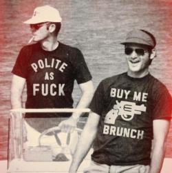skeletongarden:  filmprojections:  Hunter S. Thompson and Bill Murray.  “polite as fuck” i need that shirt. neeeeeed. 