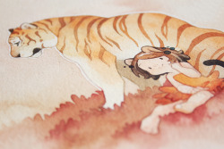 rozenn-blog:  Une nouvelle aquareeeeeeeelle ! o/Celle-ci n’est pas à la vente &lt;3C’est la première fois que je dessine un tigre, j’espère qu’elle vous plaira ! 