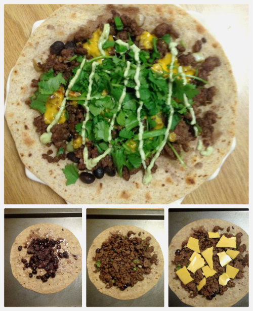 fitnessfoodfabulous:  Protein Packed Taco Ingredients 4 oz extra lean ground beef Organic all natural cheese ¼ cup black beans  green onions cilantro  whole grain tortilla (I use josephs which is made with flax avocado dressing.. recipe here 