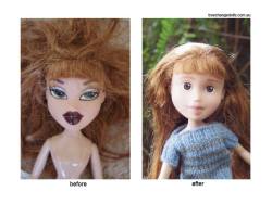 sixpenceee:Sonia Singh, from the island state of Tasmania in Australia, finds used Bratz fashion dolls and other dolls at second-hand shops. She then uses nail polish remover and eucalyptus oil to clean the dolls’ faces and remove their thick lipstick,