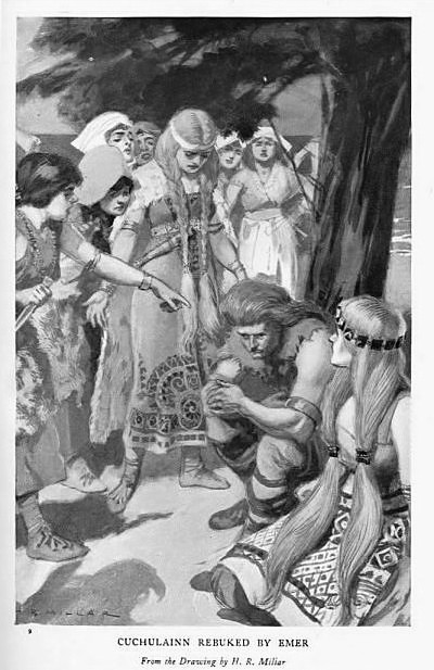 theatremamadionysus:wodneswynn:Cuchulainn Rebuked by Emer, H.R. Miller, 1905just look at his facehe 