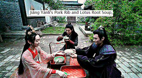 Gif of Jiang Yanli, Wei Wuxian and Jiang Cheng sitting at a table in Yling. Jiang Yanli hands a bowl of soup to Jiang Cheng, who leans over to take it. Wei Wuxian is eating soup. The AO3 tag reads:  Jiang Yanli's pork rib and lotus root soup