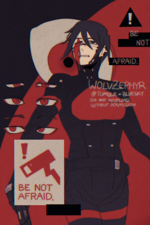 Elster holding a pistol, injured. Behind her is a massive eye. At the side are Ariane's eyes, progressing from disinterested to happy to suffering, as well as CCTV signage reading "BE NOT AFRAID".