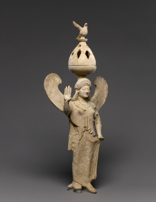 honorthegods:Thymiaterion (incense burner) Supported by a Statuette of Nike   Terracotta with polych