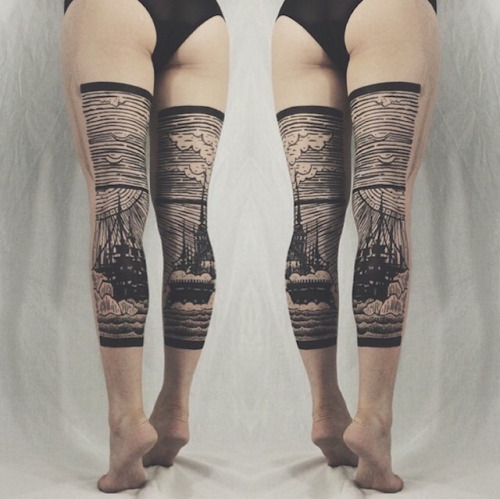 thisgreatblueworld:  jedavu:  Stunning Diptych Tattoos Form Landscapes Across the Backs of LegsTattoo artist Houston Patton crafts intricate landscape scenes that span the back of his client’s legs. Working under the name Thieves of Tower, he collaborates