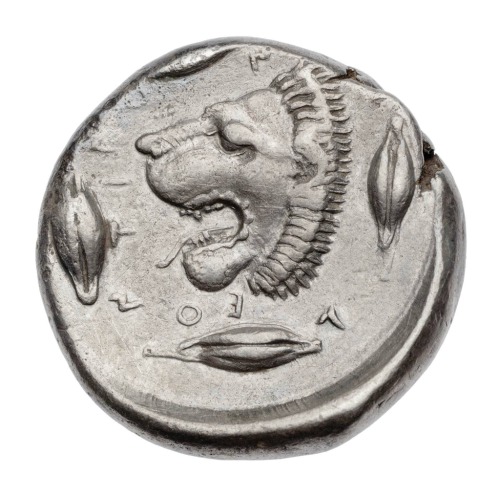 didoofcarthage:Silver tetradrachm of Leontinoi with laureate head of Apollo (obverse) and lion’s hea