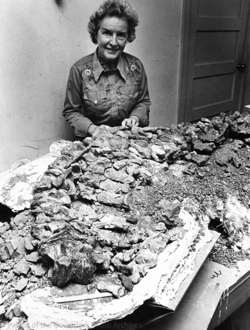 pogphotoarchives:Ruth Hall with phytosaurus bones found at Ghost Ranch near Abiquiu, New MexicoPhoto