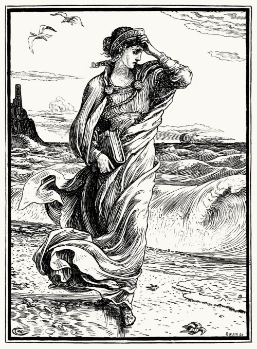 oldbookillustrations:Then the princess left the cave and wandered down to the sea-shore.Walter Crane