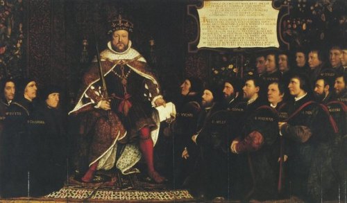 artist-holbein: Henry VIII handing over a charter to Thomas Vicary, commemorating the joining of the