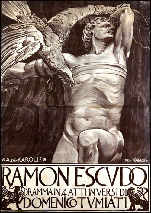 buzz-o-graph:Poster for a play Ramon Escudo / Shield of Ramon by Domenico Tumiati playwright and art critic, circa 1910