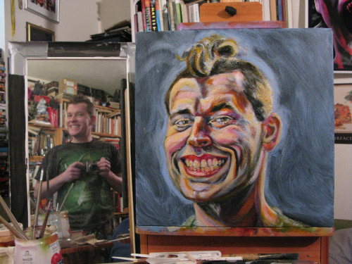 Latest version of my self portrait progress.  18"x18" acrylic on canvas.  Newest at the top