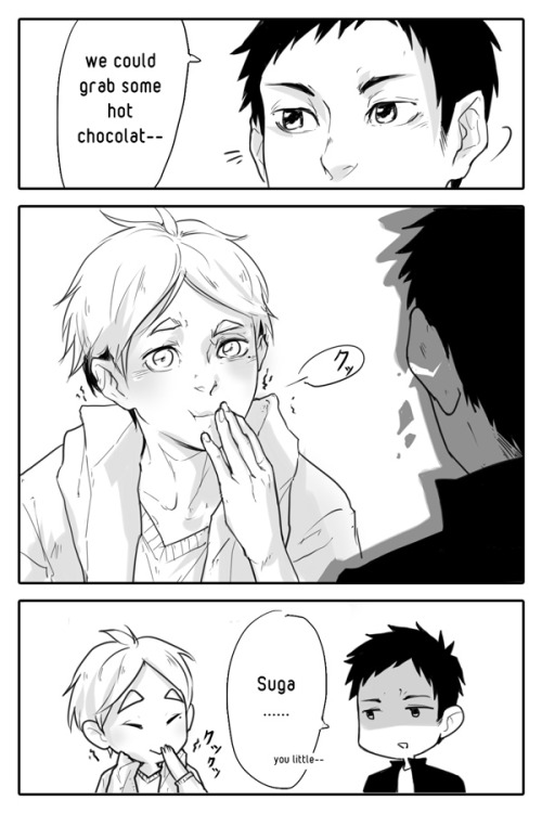 5494art:From: kiwiTo: kieHey kie, I’m your secret haikyuu valentine! I hope you’re gonna have day full of daisugas! (*´◒`*)ﾉ♥ Please accept lots of love from me too and a this thing without a plot but with Daichi trying to be suave and failing!