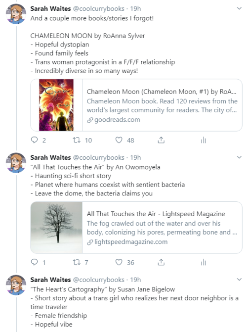 coolcurrybooks: Screenshots from my Twitter thread recommending science fiction and fantasy stories 