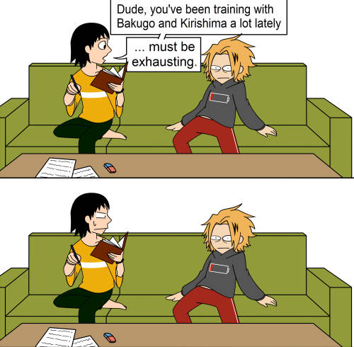 Kaminari getting dragged to training is so funny to imagine, even more hilarious if it’s Bakugo doin