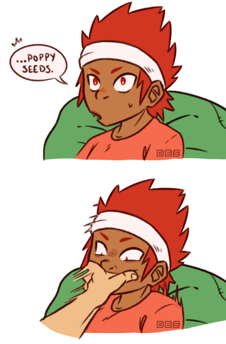 Panel 4: Kirishima responds "...Poppy seeds."
Panel 5: Bakugou grabs Kirishima's face with great force.