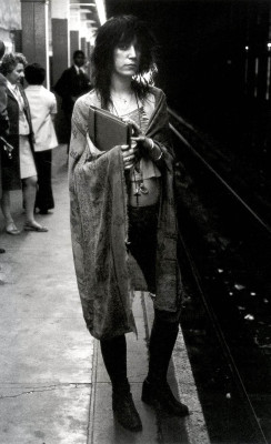 soundsof71:  Patti Smith, 68th St. subway stop, New York City, 1971, by Gerard Malanga. “My great quandary was what coat to wear and which books to bring.”  ~ Patti Smith, M Train 