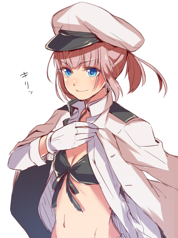 艦隊これくしょん、女性提督（艦これ）、narumi tsuyu、又市マタロー、ビキニ、ジャケット、ショートヘア、ポニーテール、女一人、手袋、水着、笑顔、縛られた髪、茶髪、青い目