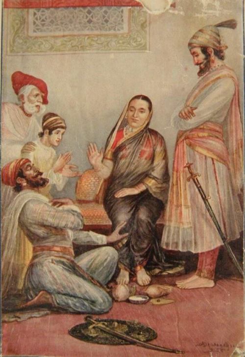 Painting by M.V. Dhurandar ~ Tanaji, Shelar mama, Raiba, Jijamata & Shivaji Raje.