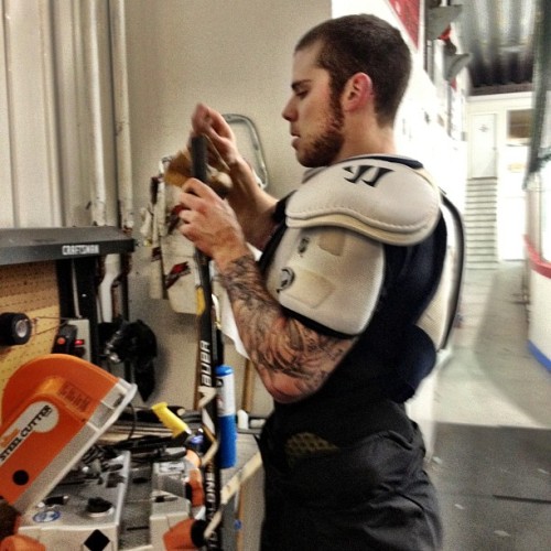 Seguin making preparations to his equipment prior to today’s practice in Wilmington. #BruinsAreBack