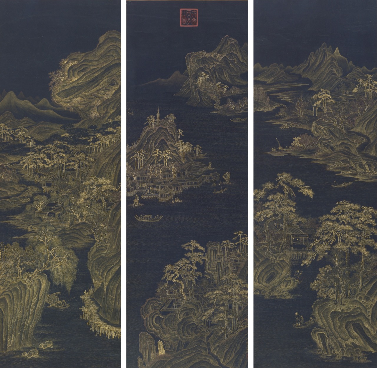 laclefdescoeurs:  Landscape, Attributed to Zhang Ruocheng gold on dark paper, set