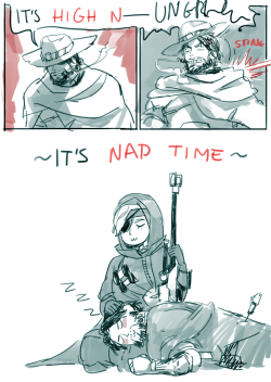 alcieart:  ana teaches mccree how to read the time correctly 