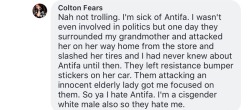 torukun1: an-actual-dragon:  doglesbian: tag yourself im the Antifa who was putting stickers on her bumper  “Grandma got ran over by antifa”  Walking home from our house Christmas EveYou may think there’s no such thing as black blocBut as for me