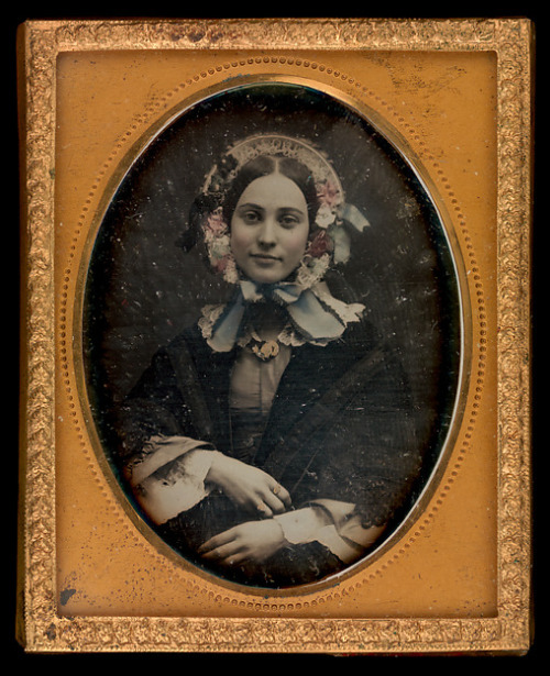 heaveninawildflower:Woman in Flowered Bonnet (1850′s).Daguerreotypeby an unknown photographer.