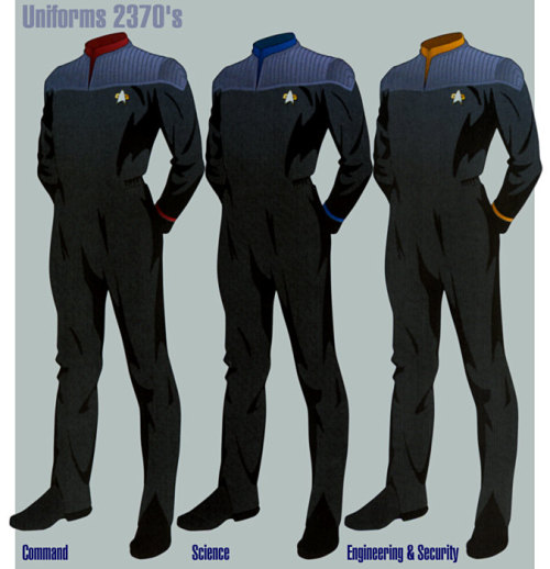 Starfleet uniforms and EV suit introduced in First Contact.