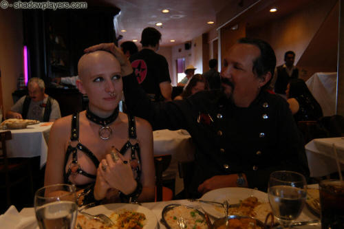 bigbuell: bondage-ponygirls-and-more: Bald Naked (mostly) slave girl in public restaurant (Ivy Brea