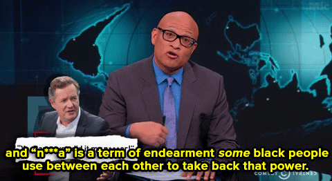 big-sugar: nightlyshow:  micdotcom:  Larry Wilmore didn’t waste time in addressing his critics for the comedian’s remarks at the White House Correspondents Dinner Saturday. At the end of the above segment, he offers Piers Morgan (and all white people,