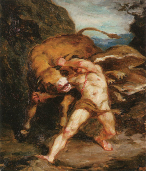 19thcenturyboyfriend: Hercules and the Cretan Bull (1879), Émile Friant