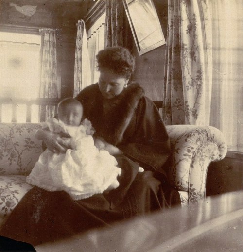 Empress Alexandra Feodorovna holding baby Tsarevich Alexei Nikolaevich Romanov 1904.