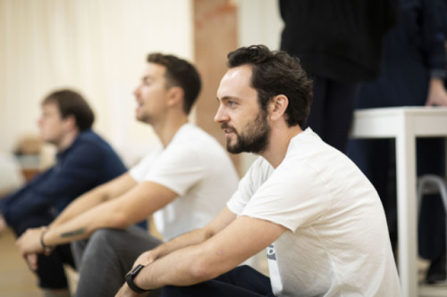 maraschinocheri: George Blagden and Mat Seadon-Young (in the blue jacket) in rehearsals for Company.