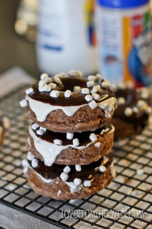 foody-goody:  Hot Chocolate Donuts with Marshmallow Frosting & Chocolate Glaze (Love From the Oven)