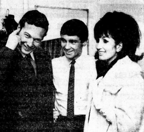 Brian Epstein and Alma Cogan greet Gene Pitney backstage before his concert at the ABC Theatre, Harr