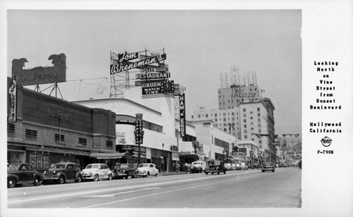 Picture postcard of the view looking northwest from the corner and Sunset and Vine, 1948.