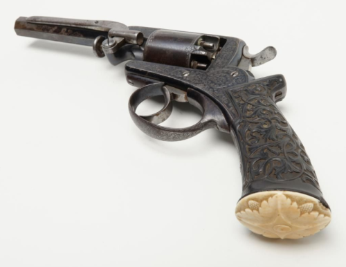 Exhibition quality engraved English Adams double action percussion revolver with carved ebony and iv