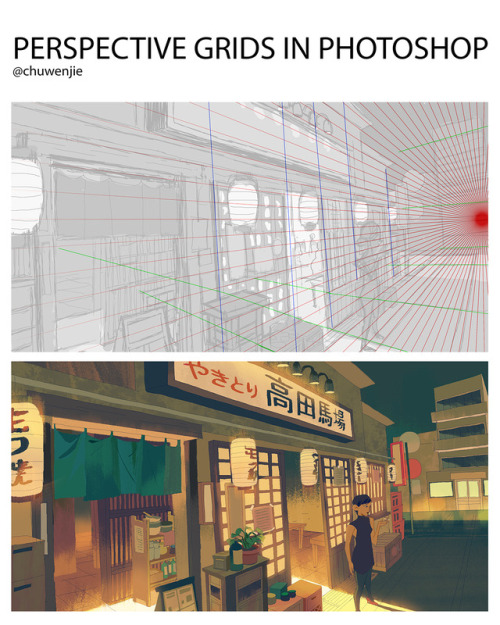 chuwenjie:   If you’ve ever tried to draw a perspective grid by hand, you know that it totally sucks butts. Here’s a quick and easy way that I use that lets me establish the basic perspective of my drawing in less than 30 seconds. This is the first