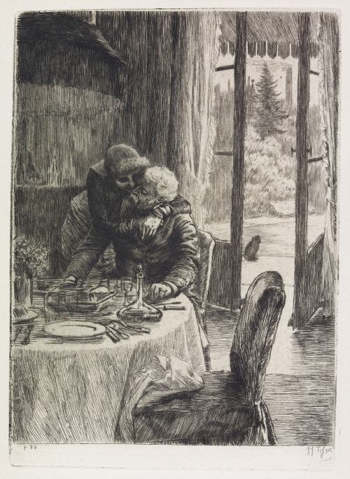 (James Tissot, Renee Mauperin: The Morning Kiss, 1882, etching on laid paper, 25 x 16.1cm, Art Galle