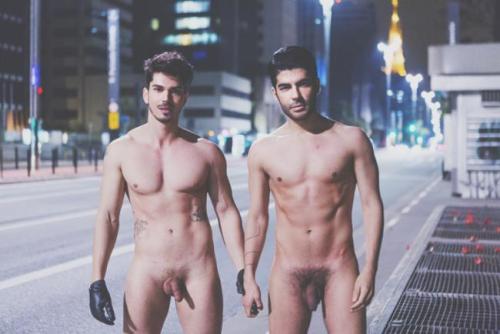 nakeddamienboy:  Brazilian Gay Couple Strips Naked To Protest Homophobia Some sign a Change.org petition or send a Tweet to protest homophobia, some strip fully nude in the middle of one of the largest cities in the world. Real life couple Felippe and