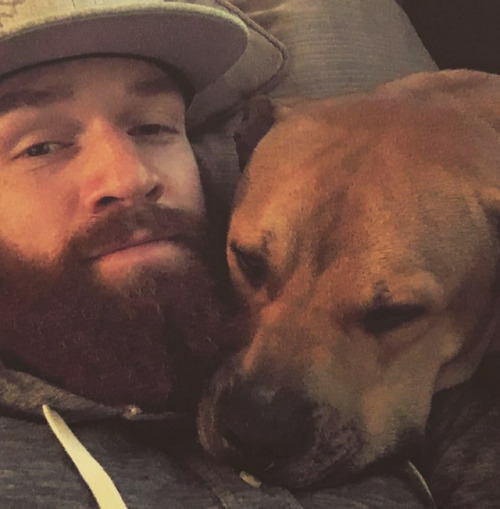 hockeyplayerswithpets:Jordie Benn with his dog, Juice, on National Best Friend Day(Source: instagram