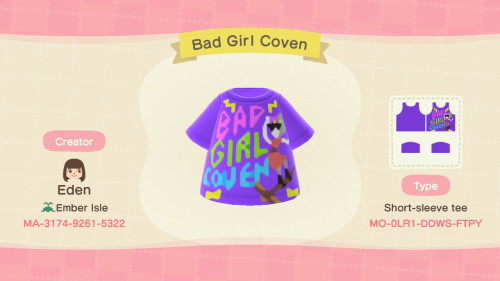 Eda’s “Bad Girl Coven” Tee shirt from The Owl House!Design Code: MO-0LR1-DDWS-FTPY ACNH Creator ID: 