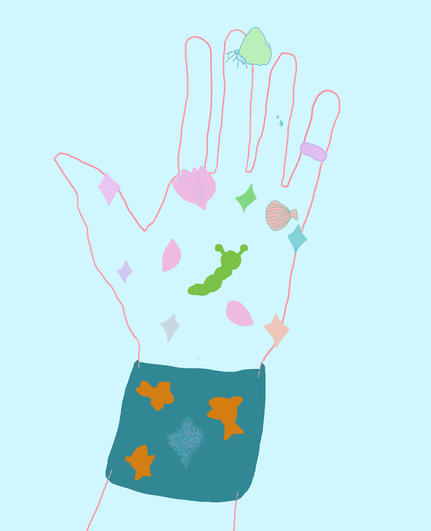 an implication of alejandro's arm outlined in pink upon light sky blue, and upon his palm a caterpillar trying to reach a soft orange shell, with a pink flower blossom nearby, pink petals surrounding the caterpillar, little sparkles in pastel rainbow color, each its own color, and on middle finger a light spring green butterfly with soft sky blue coloring and blue eyes and lining, on the forefinger little blue droplets of water, and a lavender ring on pinky finger. on his wrist is a wristband that's teal with three little orange fishes surrounding a multicolored sparkle.