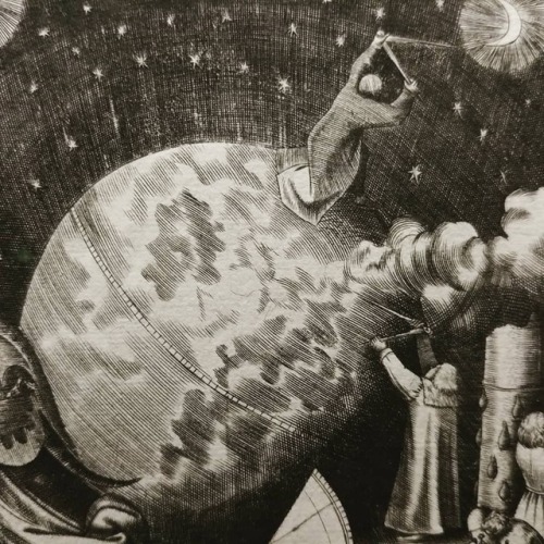 Close up on a copper engraving &ldquo;Temperance&rdquo; (1560) by Phillip Galle after Bruegel. The d