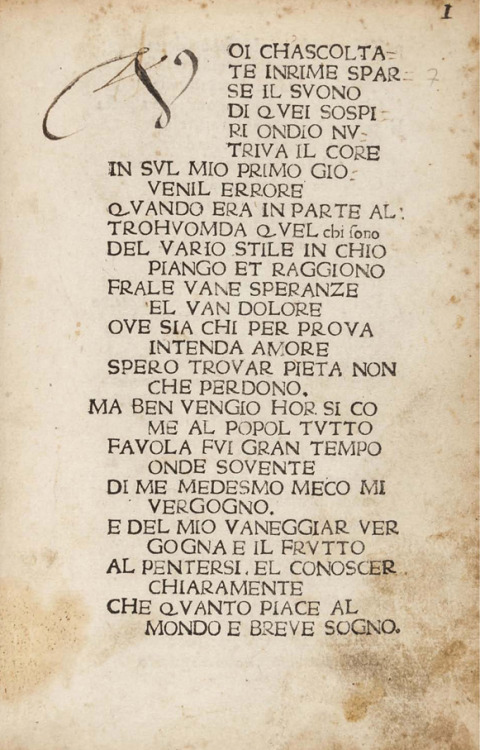 Francesco Petrarca, Sonetti e Canzoni, Sonnets and Songs, 1474. Roman Type, capital spaces. Italy.It