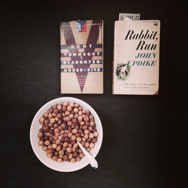 kittenroar:  Saturday morning. #currentread #books #dayoff  cuckoo for Cocoa Puffs&hellip;
