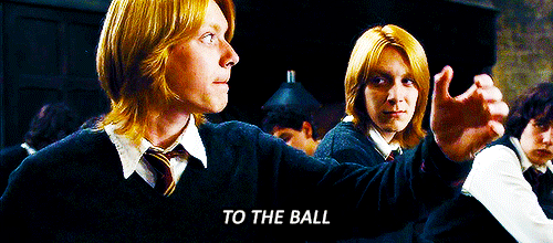 drarry-queen:  emperorpiranha:  partiallythere:  reggiephelps:   Oi! Angelina!  One of the most memorable scenes in Harry Potter. George asking his future wife to the ball.  No one gonna take note of how Snape is pretending to not notice? lol  Uh I’m