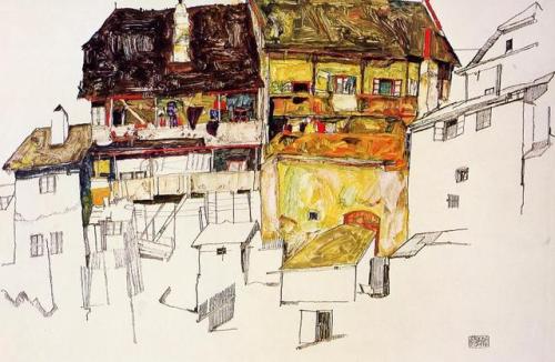 artist-schiele: Old Houses in Krumau, 1914, Egon Schiele
