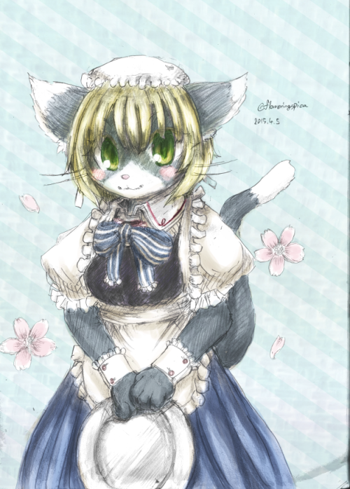 今日のケモメイド。らくがきねこメイドさん。ブリティッシュっぽいのが描きたかったのでザカザカ描いてみました。ちょっと粗すぎましたね！鉛筆がなかなかスキャン向きじゃないかもしれませんね・・反省(´･ω･｀)